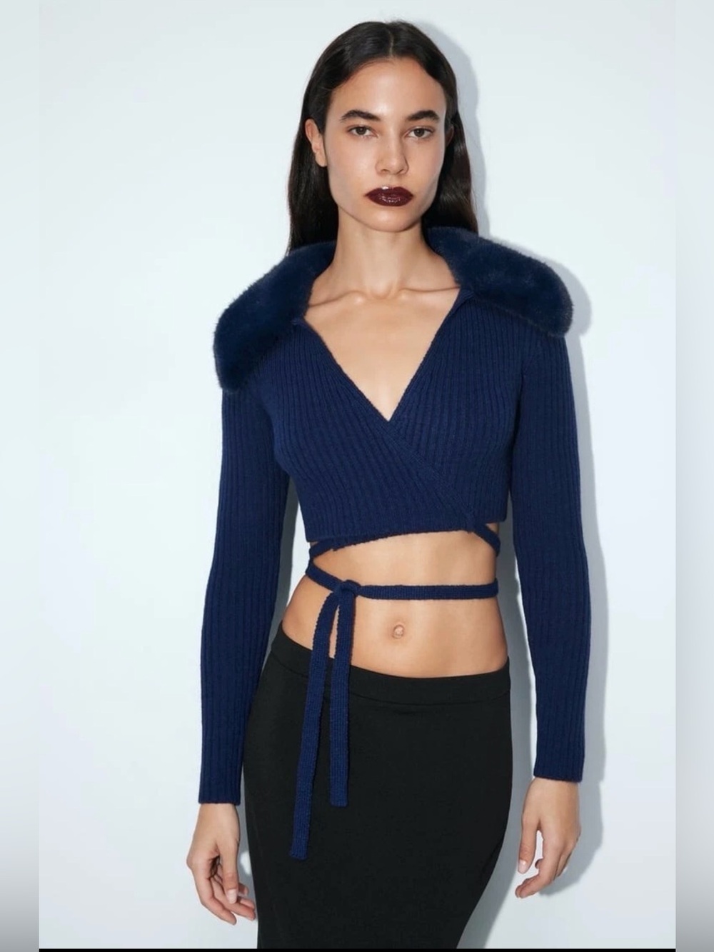 ZAra Navy Ribbed Wrap Sweater with Faux Fur Collar medium cropped